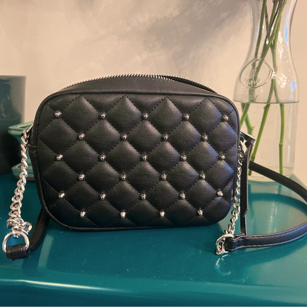 Rebecca Minkoff Diamond Quilt Silver and Black Crossbody Purse with Studded Top